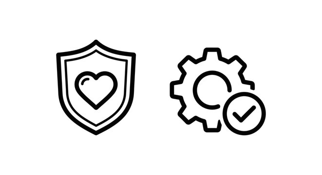 Asset health and equipment status icons with shield and gear equipment verified approved security maintenance operation performance management technology business industry