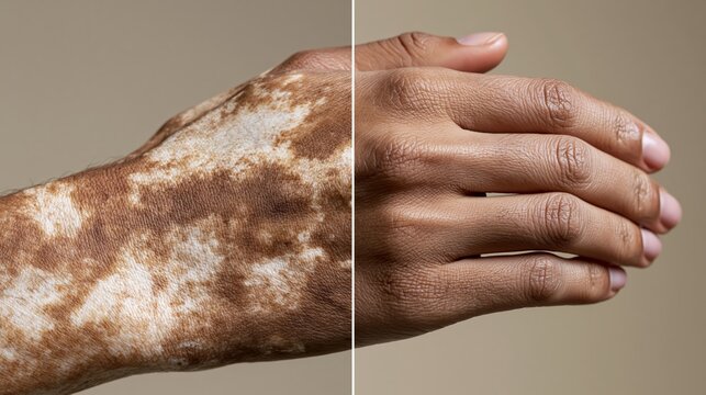 Split frame vitiligo camouflage showing white depigmented skin patches versus uniformly matched skin tone.