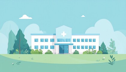 Obraz premium 緑に囲まれた白い病院建物を正面から描いたフラットデザインの医療施設イラスト背景