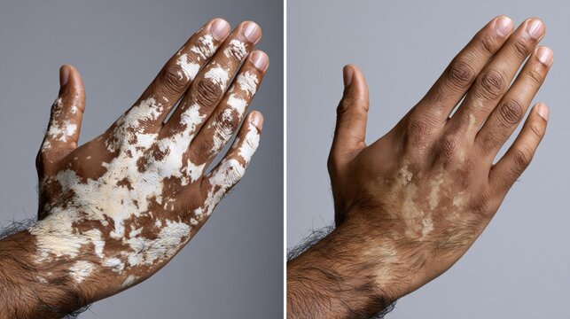 Split frame vitiligo camouflage showing white depigmented skin patches versus uniformly matched skin tone.