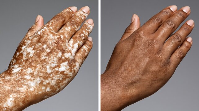 Split frame vitiligo camouflage showing white depigmented skin patches versus uniformly matched skin tone.