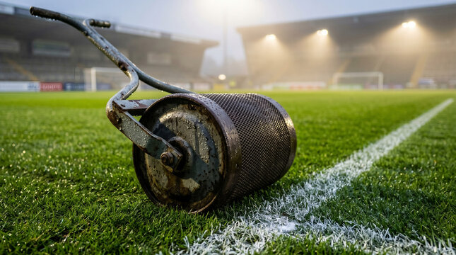 Metal lawn roller on wet football pitch grass at night stadium