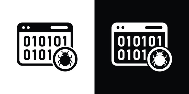 Binary code software bug icon. Digital program malware symbol, web page hacking and cybersecurity threat vector illustration set.