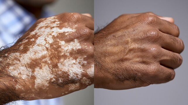 Split frame vitiligo camouflage showing white depigmented skin patches versus uniformly matched skin tone.