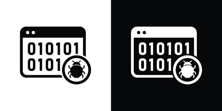 Binary code software bug icon. Digital program malware symbol, web page hacking and cybersecurity threat vector illustration set.