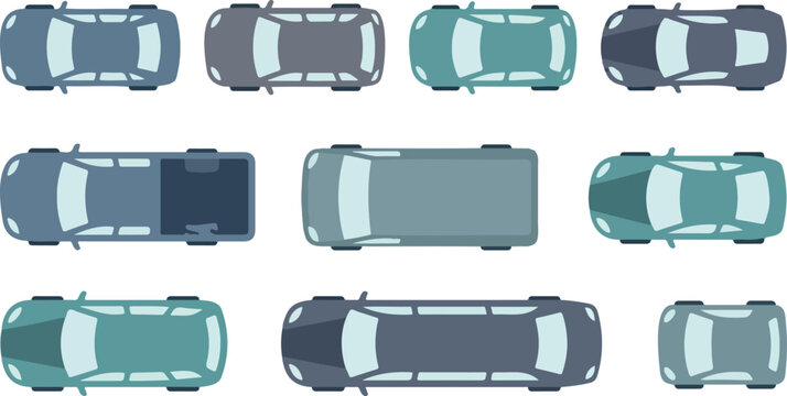 Car Top View Aerial Different Types Sedan Van Truck Flat Vector Illustration Set