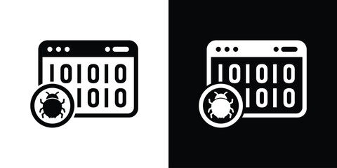 Binary code software bug icon. Digital program malware symbol, web page hacking and cybersecurity threat vector illustration set. © bibin