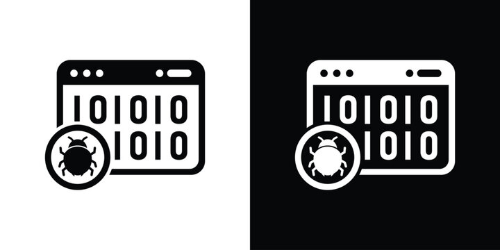 Binary code software bug icon. Digital program malware symbol, web page hacking and cybersecurity threat vector illustration set.