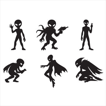 Alien silhouettes, extraterrestrial icons, black alien figures, sci-fi characters