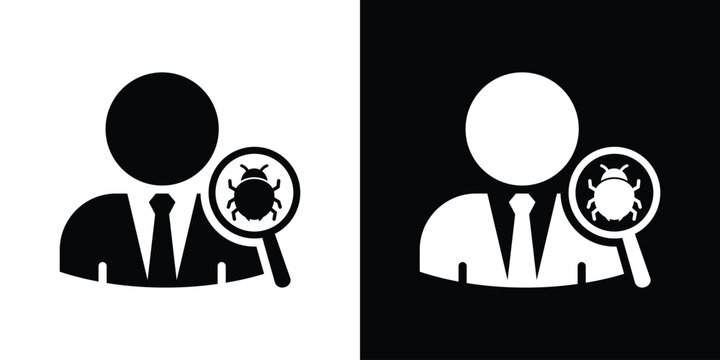 Software tester debugging icon. Quality assurance specialist finding program bug, cybersecurity analysis, developer inspecting code vector set.