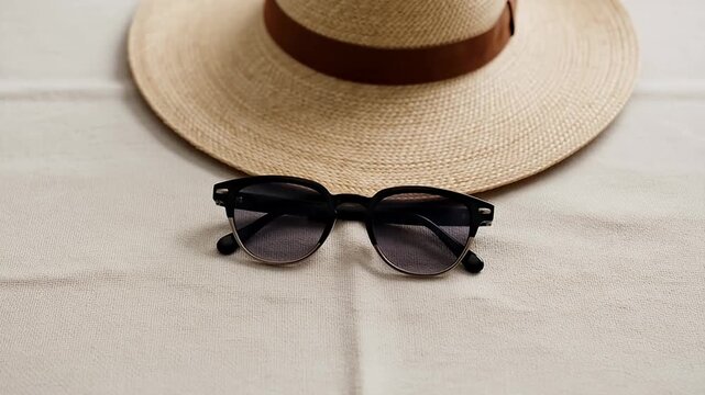 Summer straw hat and sunglasses, beach vacation accessories, travel flat lay