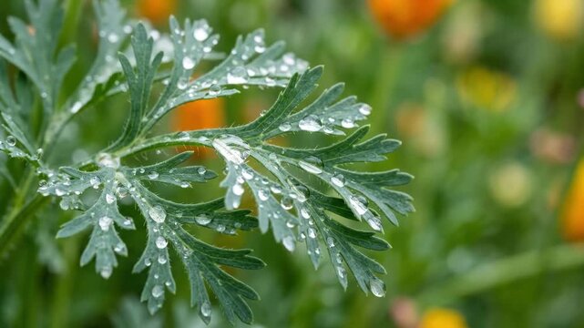 Close-up of raindrops on a California poppy leaf, fresh botanical macro with vivid green texture, moisture detail and serene garden atmosphere for plant and nature themes, soft natural light, crisp