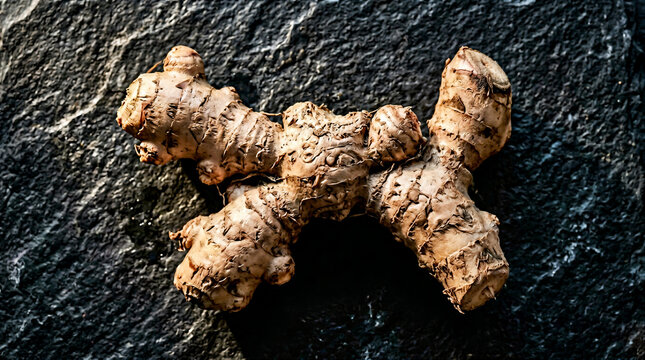 Fresh organic ginger root on dark textured slate background close up overhead view