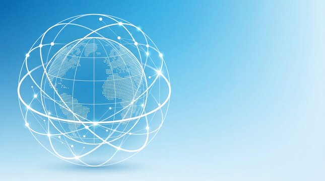 Digital illustration of a stylized globe with interconnected white lines and dots on a blue gradient background