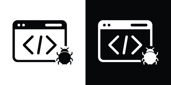 Software programming code bug icon. Web development syntax error symbol, application glitch, cyber malware threat vector illustration set.
