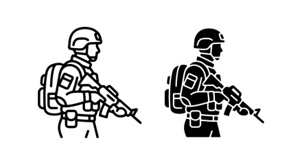 Obraz premium Military Soldier Silhouette, Combat Warrior Icon Set, Army Infantry Vector Graphics
