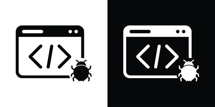 Software programming code bug icon. Web development syntax error symbol, application glitch, cyber malware threat vector illustration set.