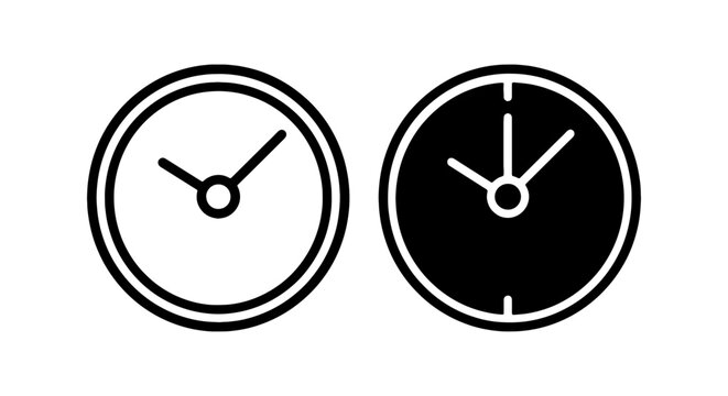 Two Clock Icons, Time Symbol, Round Watch Face, Simple Vector Graphics, Black and White