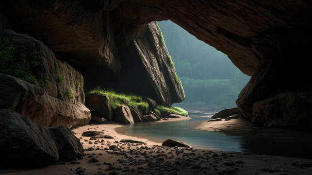 Cave rock sand river valley light landscape nature shadow stream