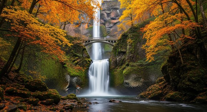 Multnomah Falls and stone bridge during peak autumn season