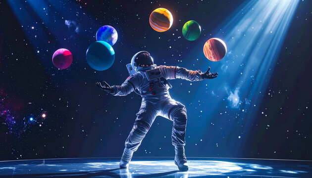 Astronaut skillfully juggles planets in zero gravity amidst a vibrant cosmic performance