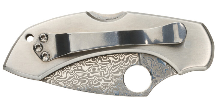Folding pocket knife made of Damascus steel with a metal clip on the handle
