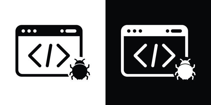 Software programming code bug icon. Web development syntax error symbol, application glitch, cyber malware threat vector illustration set.