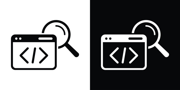 Code analysis and review icon. Web development inspection, software code auditing symbol, program debugging magnifying glass vector set.