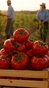 Ripe tomatoes in a wooden crate with farmers working in a sunlit agricultural field.