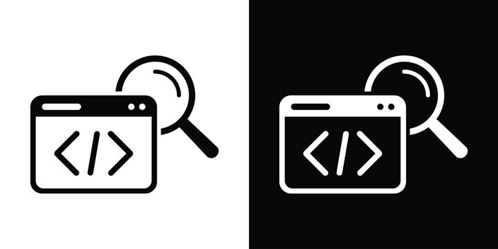 Code analysis and review icon. Web development inspection, software code auditing symbol, program debugging magnifying glass vector set.