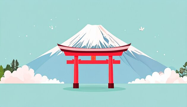 雪をかぶった富士山と赤い鳥居のミニマルフラットイラスト・冬の澄んだ青空背景