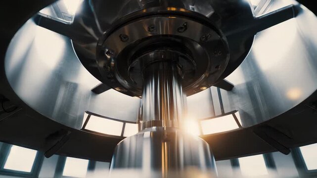 Metal turbine engine components are rotating, generating green energy in a large scale power plant, portraying modern hydropower and renewable energy solutions