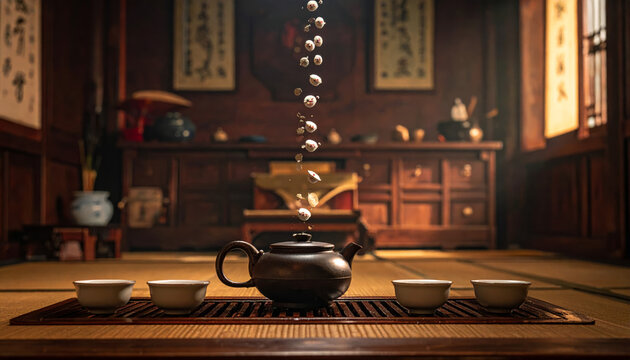 Dark Teapot Pouring Stream of Tea into Cups During Traditional Asian Ceremony