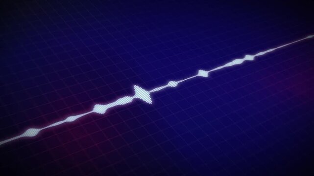 Isometric perspective of a digital sound wave and audio equalizer moving dynamically across a dark blue grid floor with purple highlights.