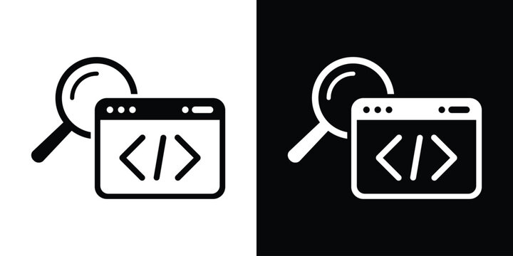 Code analysis and review icon. Web development inspection, software code auditing symbol, program debugging magnifying glass vector set.