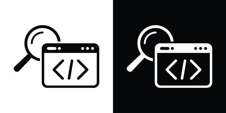Code analysis and review icon. Web development inspection, software code auditing symbol, program debugging magnifying glass vector set.
