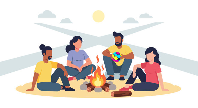 Friends enjoy a summer holiday gathering around a campfire on a sunny beach with a guitar and good company during a warm vacation.