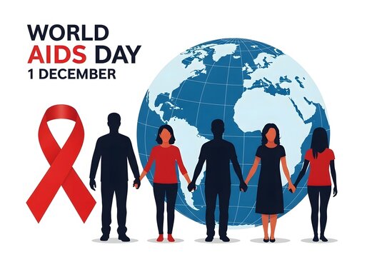 World aids day people holding hands around globe with red ribbon