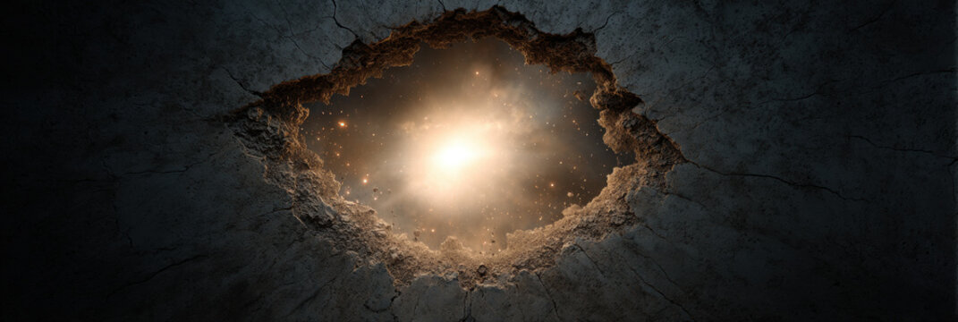 Cracked wall hole light glow concrete texture damage rupture dark dust dramatic mysterious abstract background interior surface rough broken opening illumination debris shadow grunge decay impact