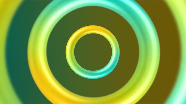 3D motion graphics background of seamless looping concentric torus rings reflecting soft yellow and vibrant green neon gradient colors.