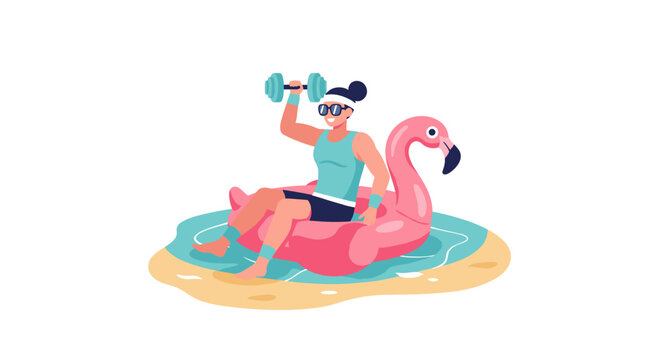 Woman exercising on a pink flamingo float with dumbbell at summer holiday beach resort in tropical water with sandy shore and clear blue sky