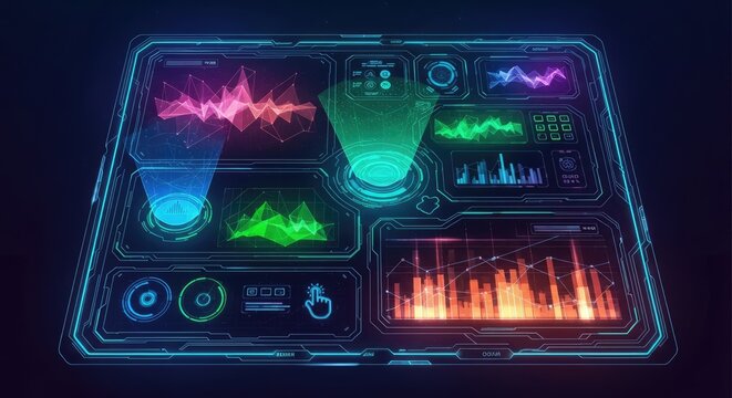 Futuristic glowing digital dashboard with holographic data charts