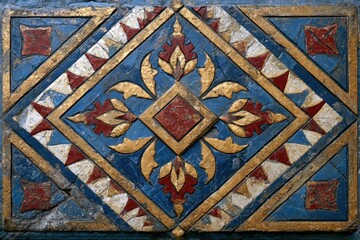 Obraz premium Ancient Mosaic Detail with Geometric Shapes and Floral Motifs in Blue and Gold