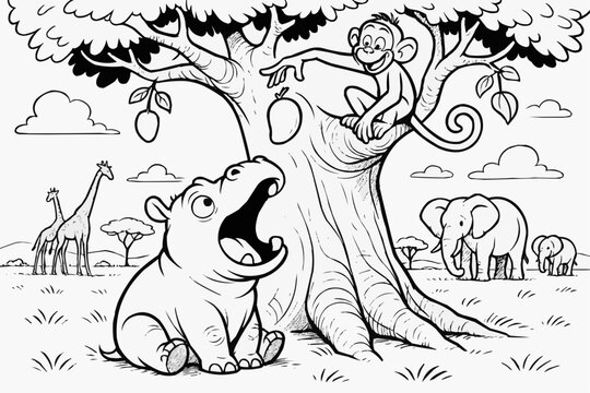 Coloring page for children - a monkey throws fruit into a hippo's mouth from a baobab tree