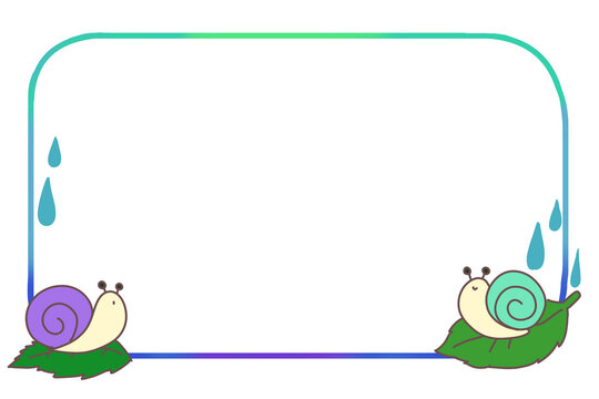 Cute snail rainy season border frame with raindrops, purple and mint green snails on leaves