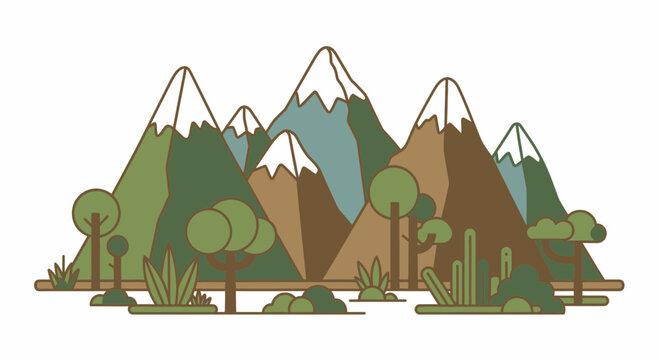 Stylized mountain range illustration with trees and vegetation on white background