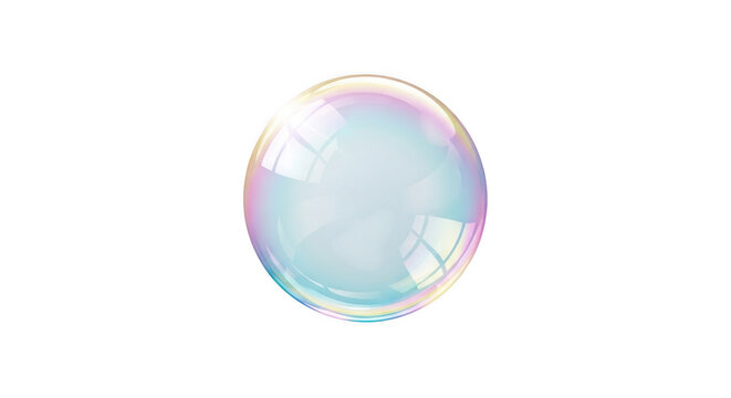 A single translucent soap bubble with iridescent rainbow reflections on its surface, isolated against a solid black background