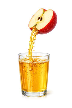 Refreshing apple juice pouring from a slice of red apple into a glass