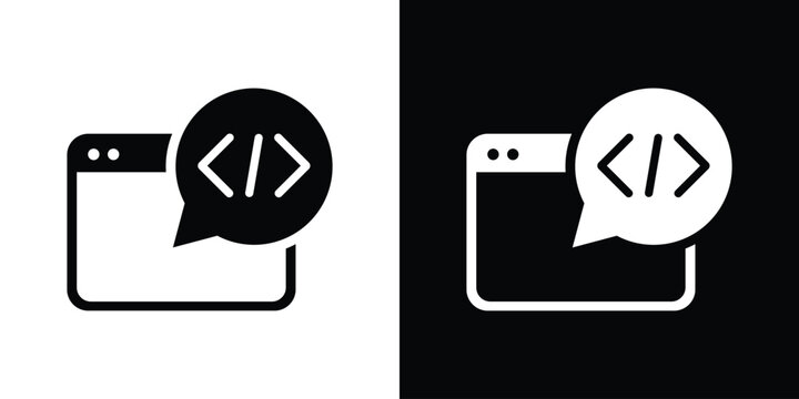 Web coding and programming chat bubble icon. HTML browser window symbol, software development forum, internet technology communication vector set.