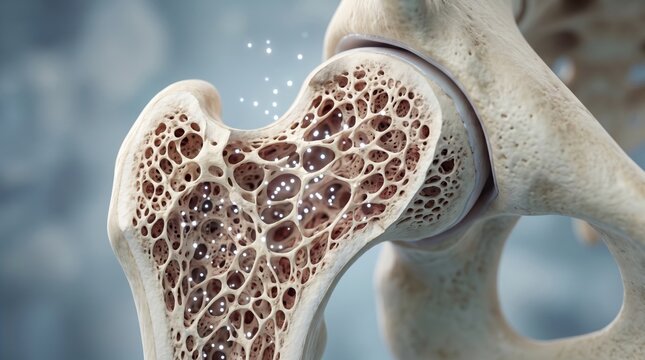 Close-up of human hip bone with exposed spongy interior